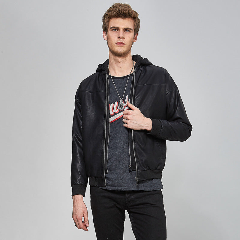 Men's Faux Leather Bomber Jacket with Hood, Zipper, and Ribbed Cuffs Mune Fashion