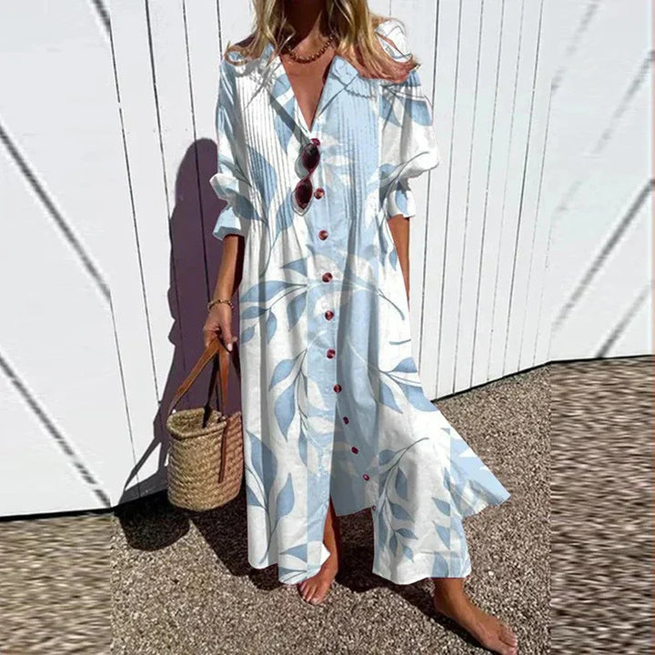 Women Flowing Maxi Dress with Continuous Button Placket V-Neck and Folk Print Mune Fashion