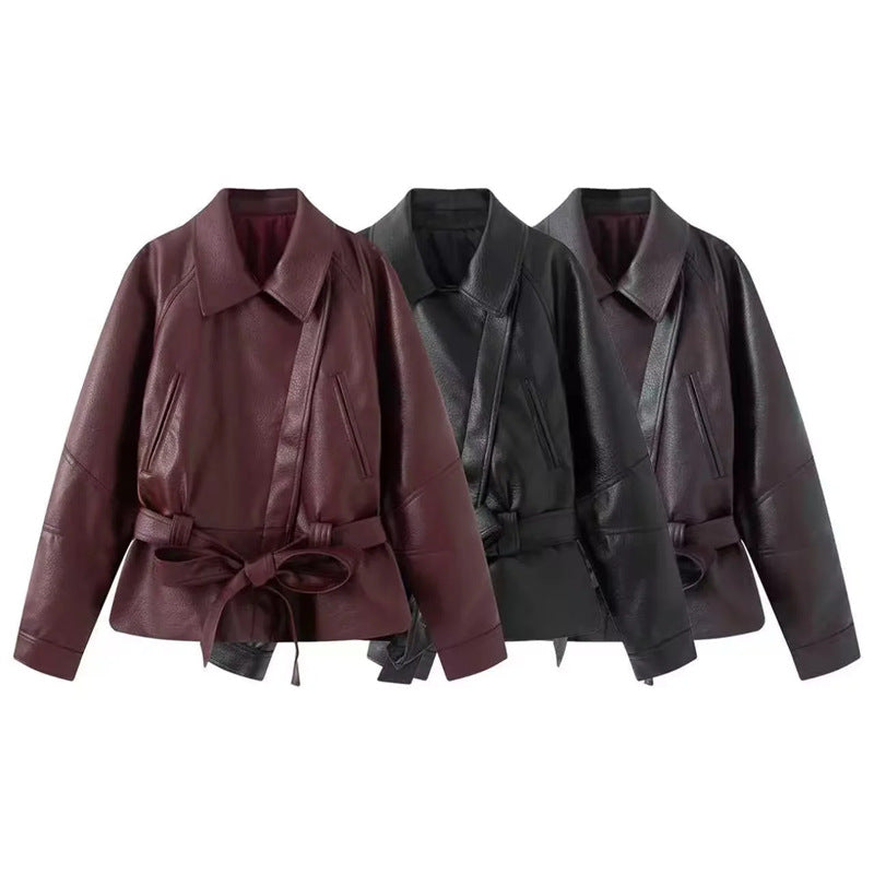 Women nan tailored faux leather jacket with shirt collar and tie belt Mune Fashion