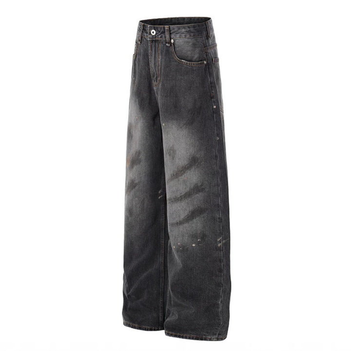 Women High-Cut Loose Distressed Denim Culotte Jeans with Paint-Splatter and Used Effect Mune Fashion