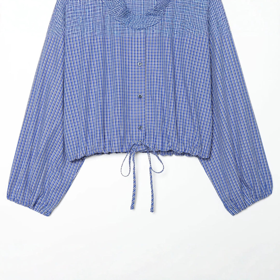 Women's Checkered Cropped Shirt with Stand Collar, Drawstring Hem and Balloon Sleeves Mune Fashion