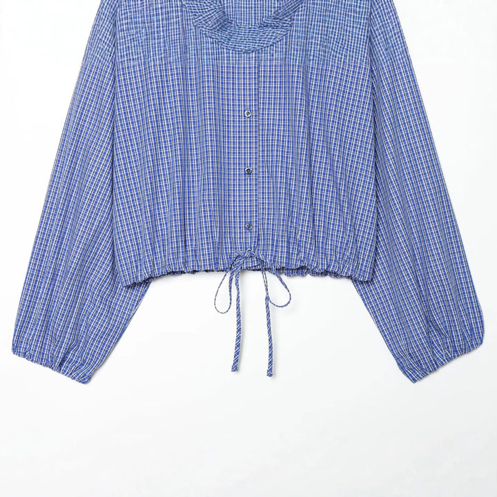 Women's Checkered Cropped Shirt with Stand Collar, Drawstring Hem and Balloon Sleeves Mune Fashion