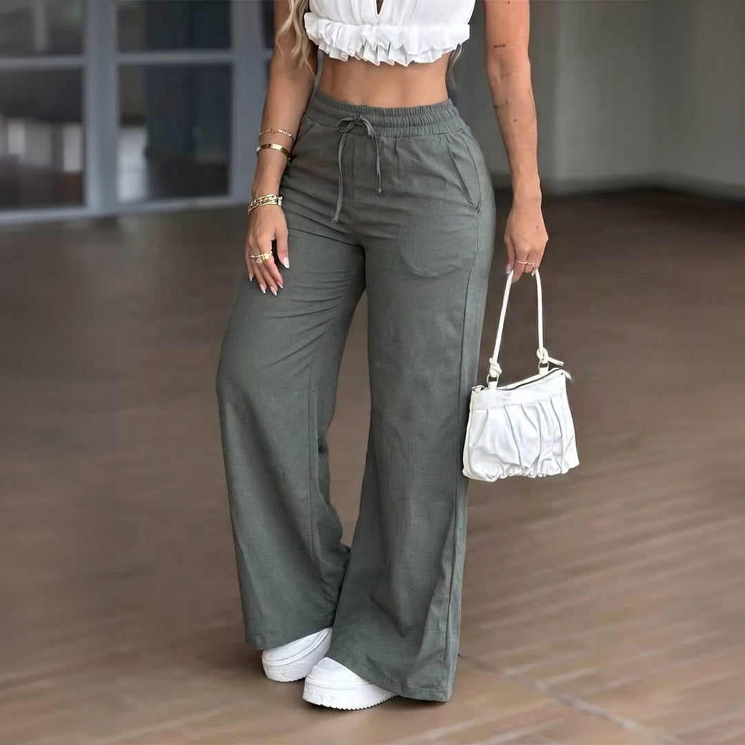 Women's wide High-Waist linen trousers with elastic drawstring waistband and side pockets Mune Fashion
