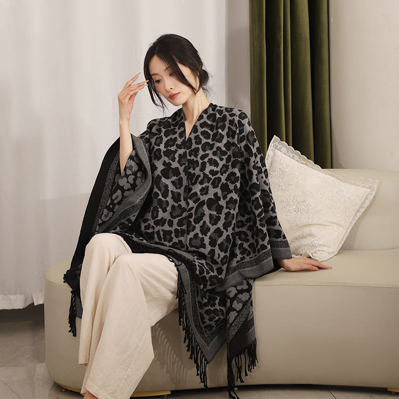 Women's Jacquard Poncho with Leopard Pattern, Fringes and Open Oversized Cut Mune Fashion