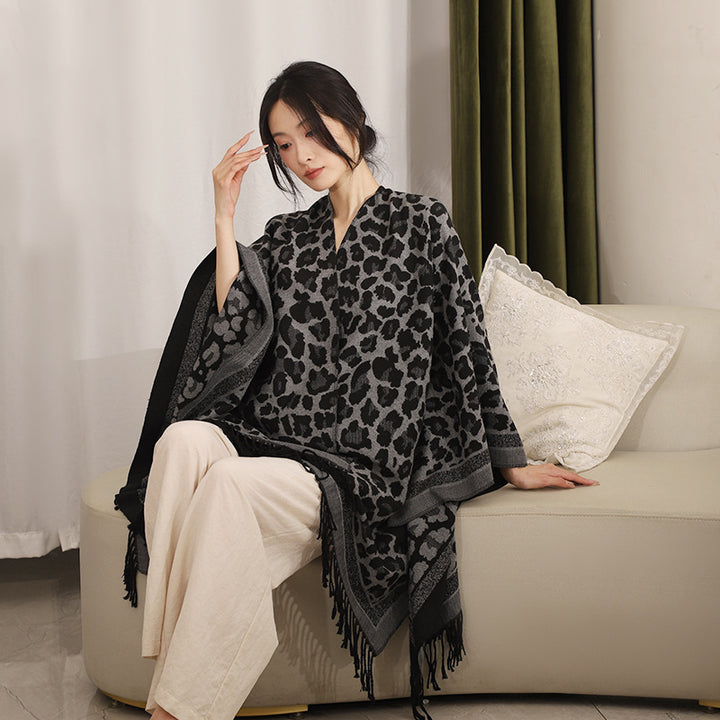 Women's Jacquard Poncho with Leopard Pattern, Fringes and Open Oversized Cut Mune Fashion