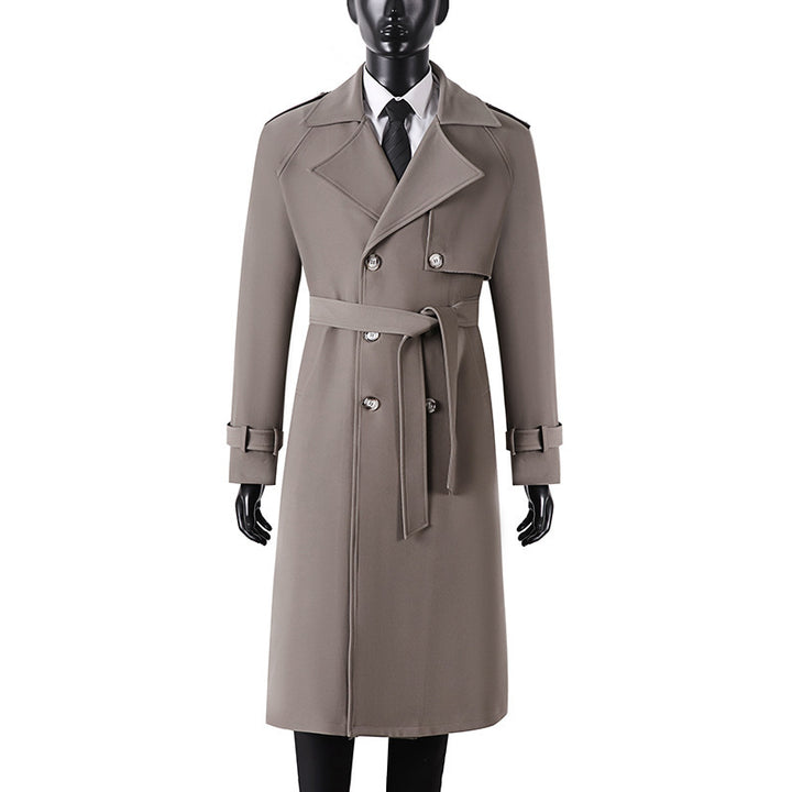 Men's Long Minimalist Trench Coat with Storm Flap, Waist Belt, and Adjustable Cuffs Mune Fashion