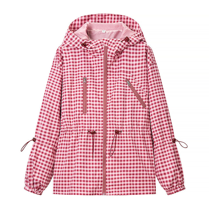 Women's Lightweight Checkered Hooded Jacket with Drawstring and Zipper Pockets Mune Fashion