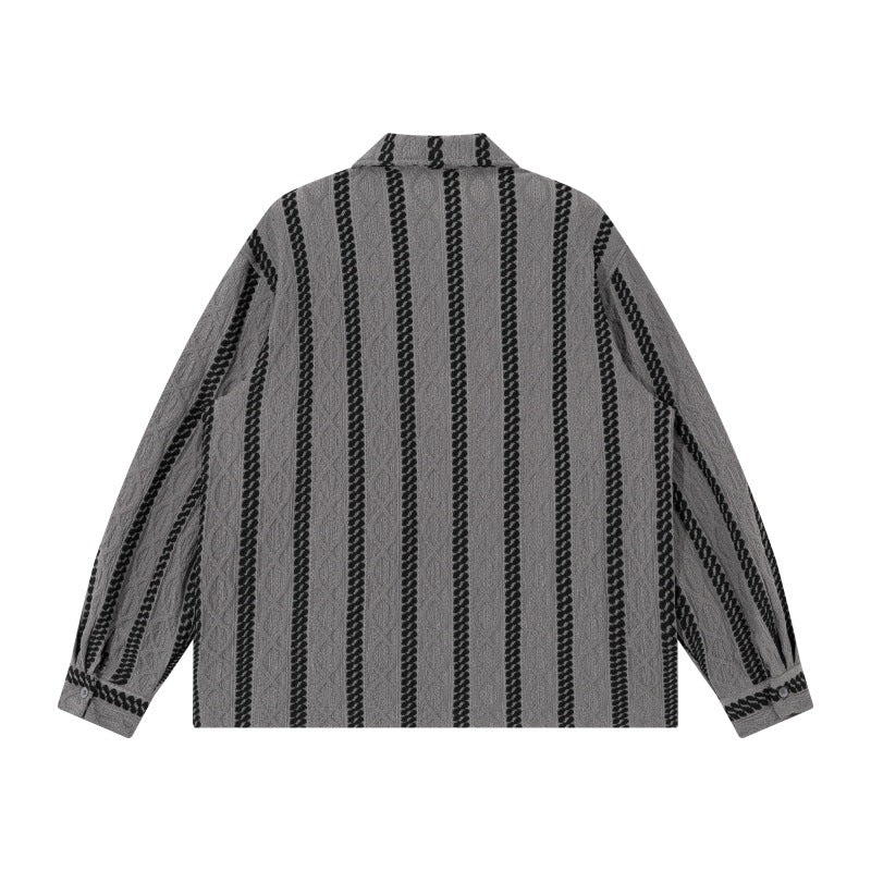 Unisex Lightweight Shirt Jacket with Camp Collar, Relaxed Fit and Vertical Braid Stripe Pattern Mune Fashion