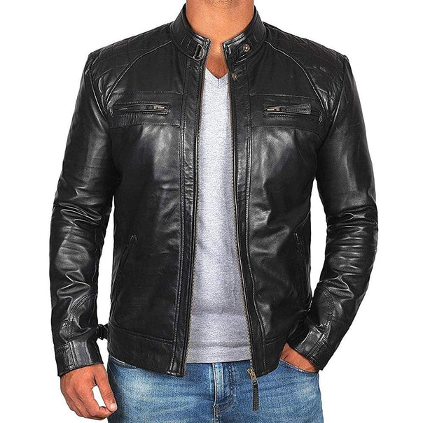 Men's Leather Jacket Biker Style Made of Genuine Leather with Stand-Up Collar and Zipper Pockets Mune Fashion