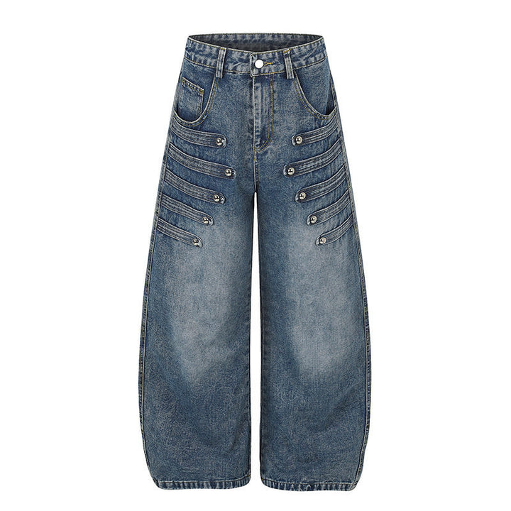 Women's Wide Denim Palazzo Jeans with Decorative Stitching and Decorative Button Details Mune Fashion