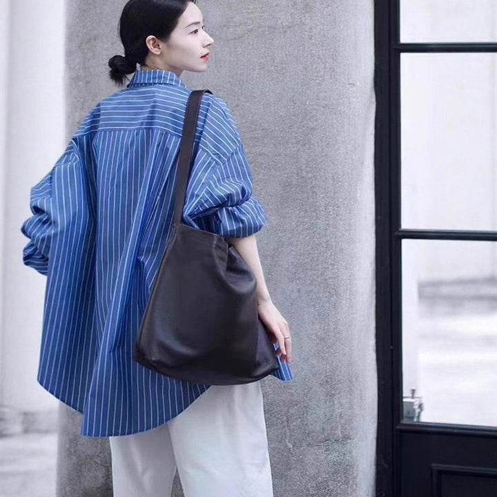 Women Oversized Striped Shirt with Extended Hem and Boxy Fit Mune Fashion