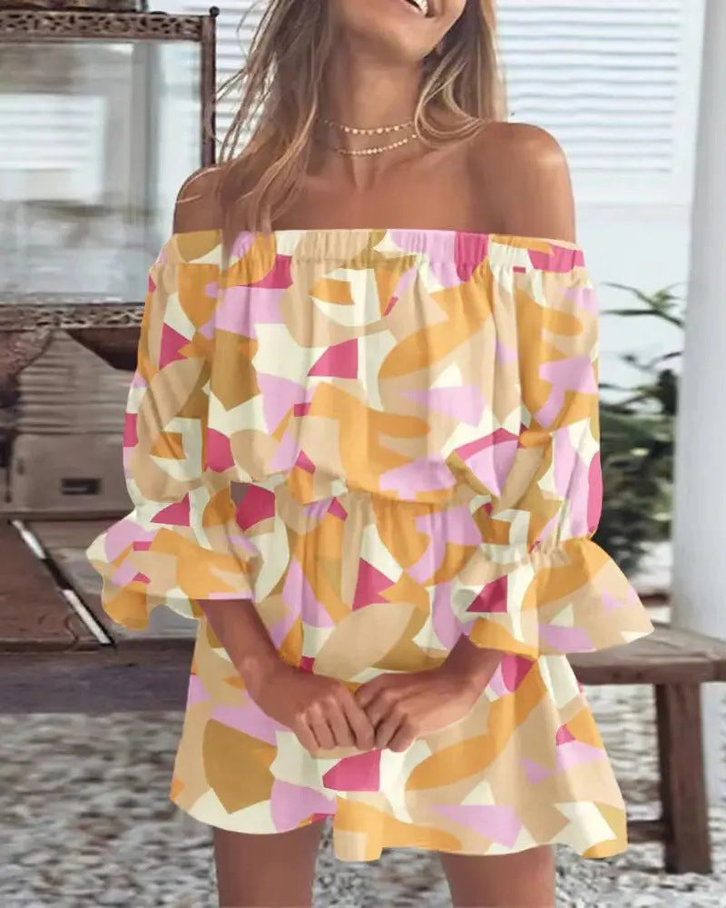 Ladies Off-Shoulder Mini Dress with Elastic Waist Fit and Ruffled Sleeves Mune Fashion