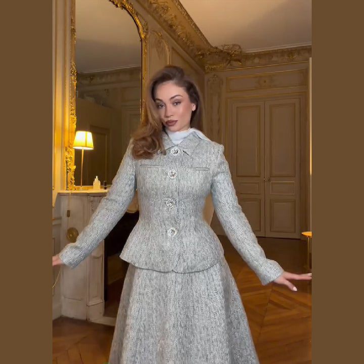 Women's Two-Piece Wool Blend Set with Tailored Short Blazer and Flared Midi Skirt Mune Fashion