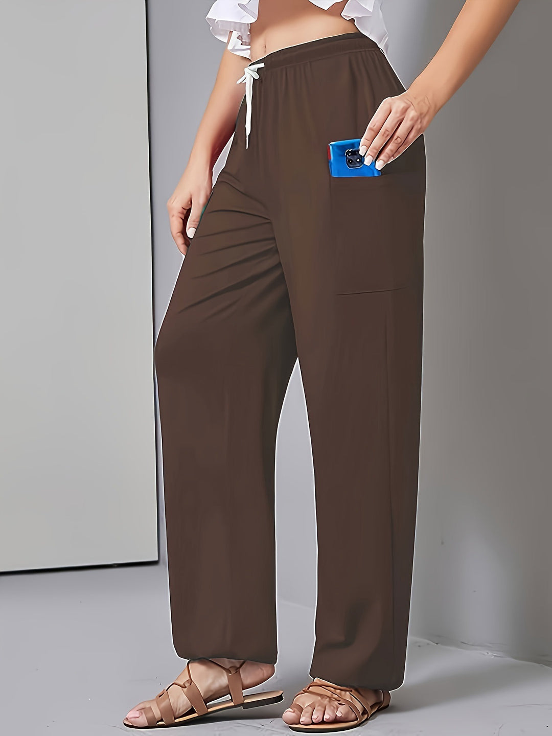 Women Loose Jersey Lounge Pants with Elastic Waistband, Drawstring and Large Side Pocket Mune Fashion