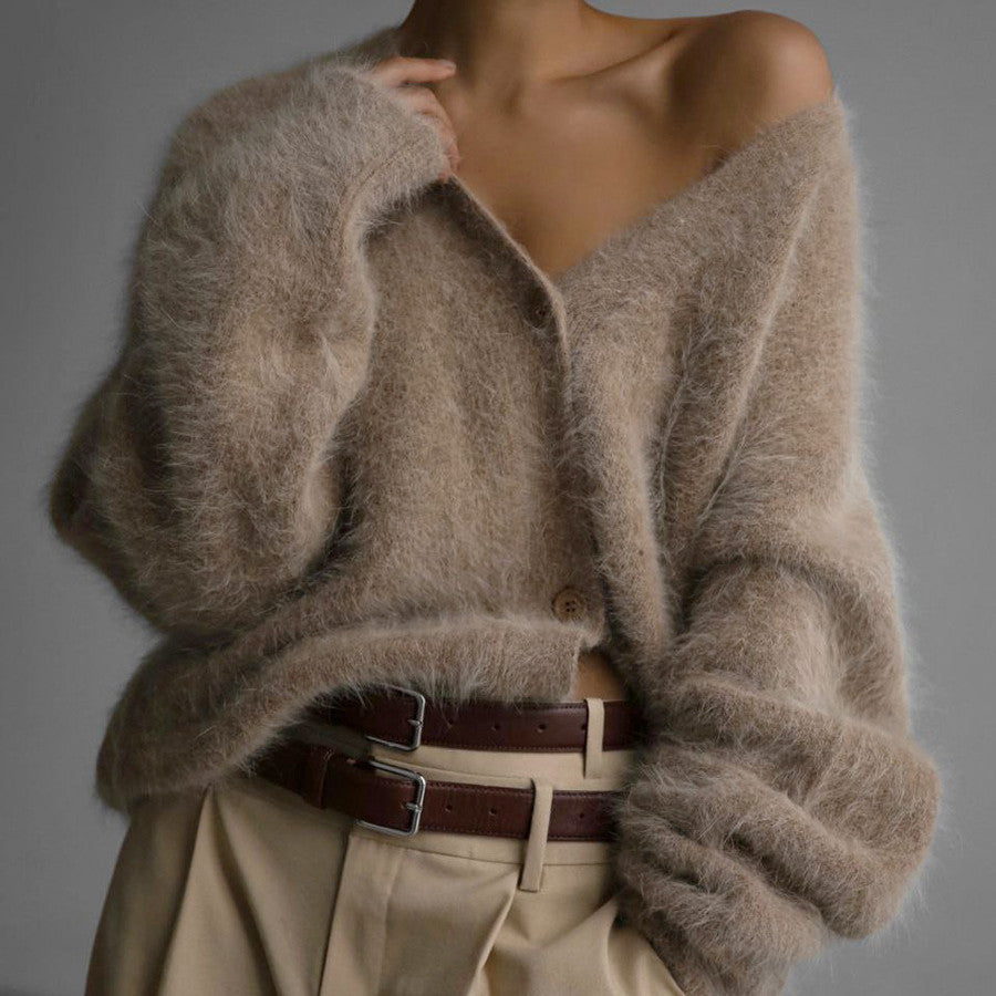 Women's Fluffy Oversize Button Cardigan with Deep V-Neck and Insert Pockets Mune Fashion