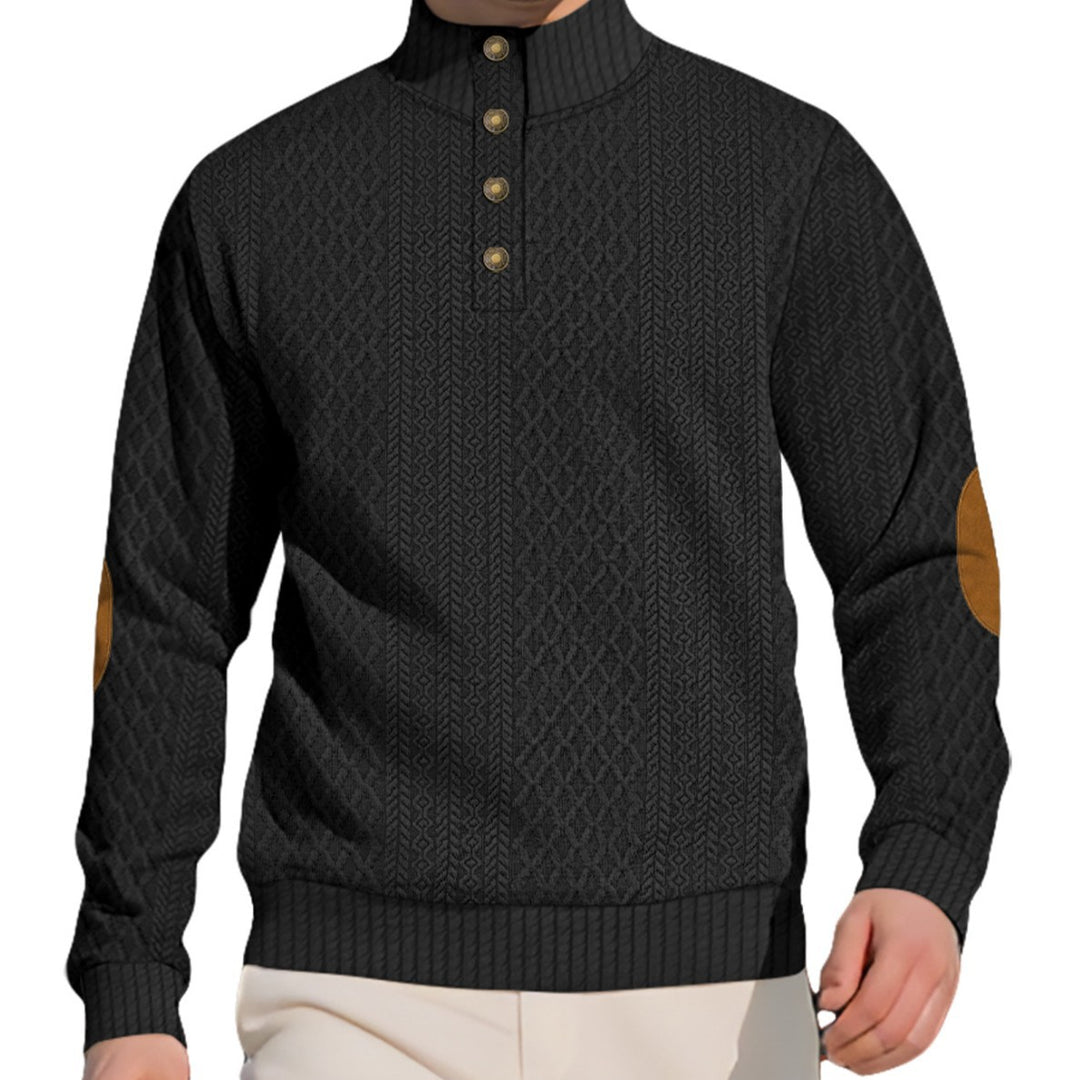 Men's noble button sweater in cable pattern with high stand-up collar and suede elbow patches Mune Fashion