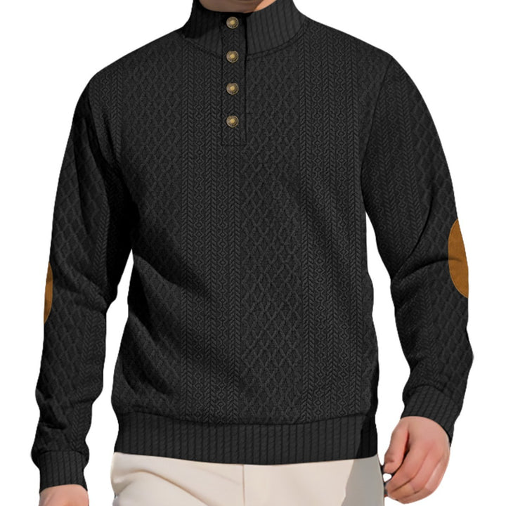 Men's noble button sweater in cable pattern with high stand-up collar and suede elbow patches Mune Fashion