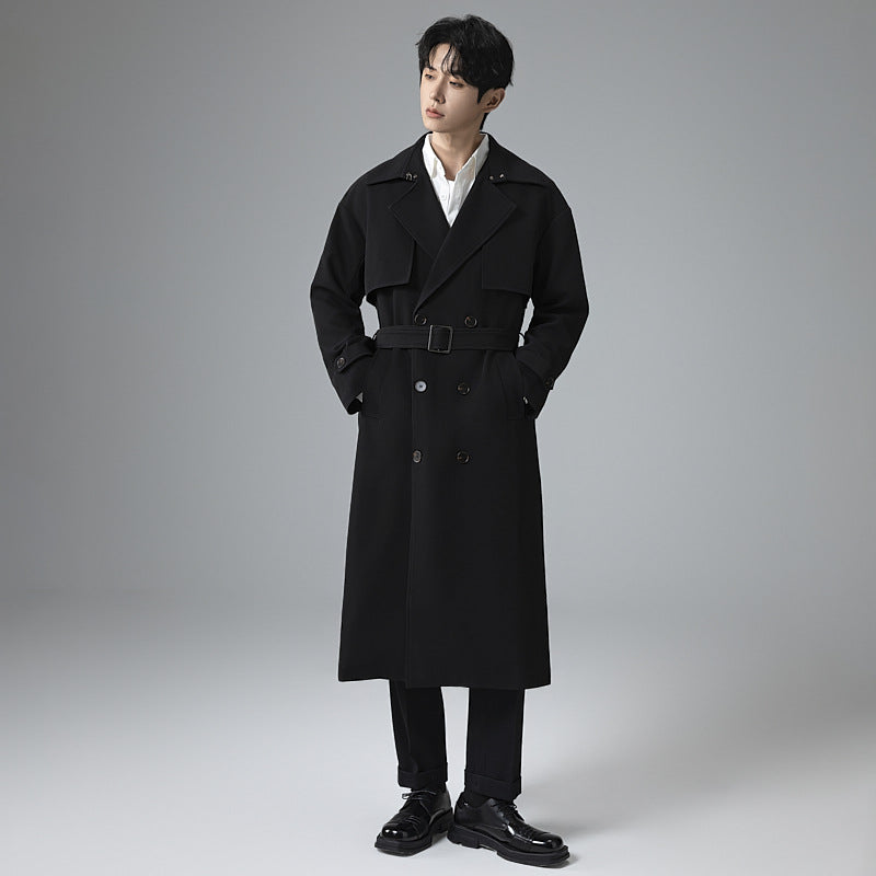 Men's trench coat in minimalist double-breasted design with wide shawl collar and waist belt Mune Fashion