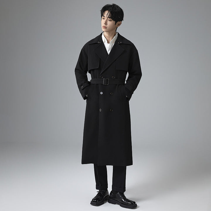 Men's trench coat in minimalist double-breasted design with wide shawl collar and waist belt Mune Fashion