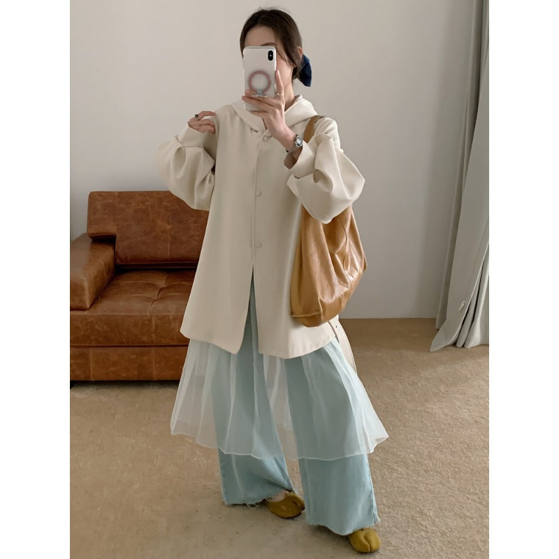 Women's Oversize Midi Coat with Hood, Concealed Button Placket and Voluminous Sleeves Mune Fashion