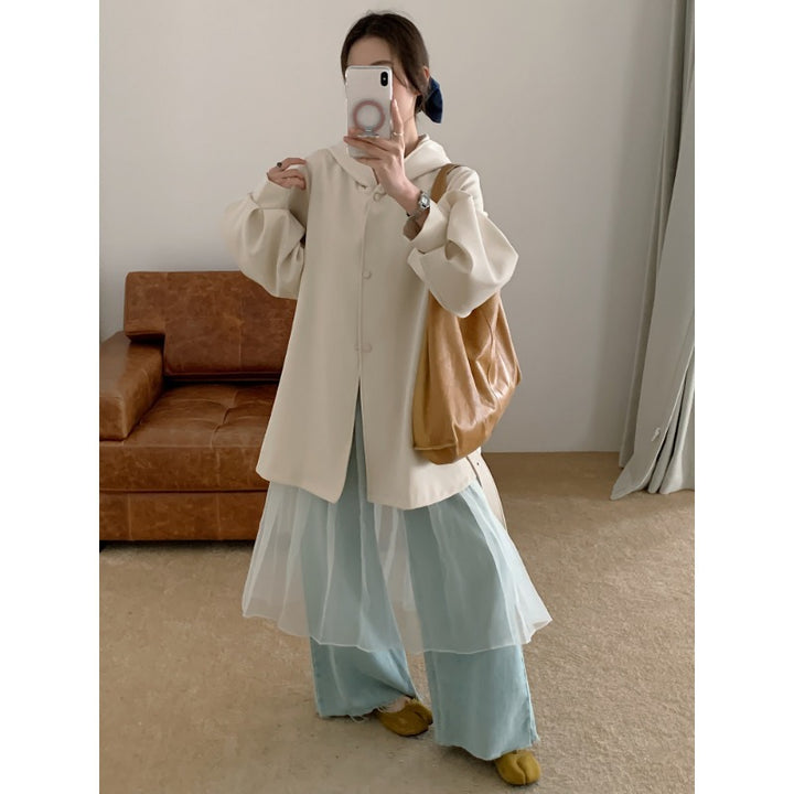 Women's Oversize Midi Coat with Hood, Concealed Button Placket and Voluminous Sleeves Mune Fashion