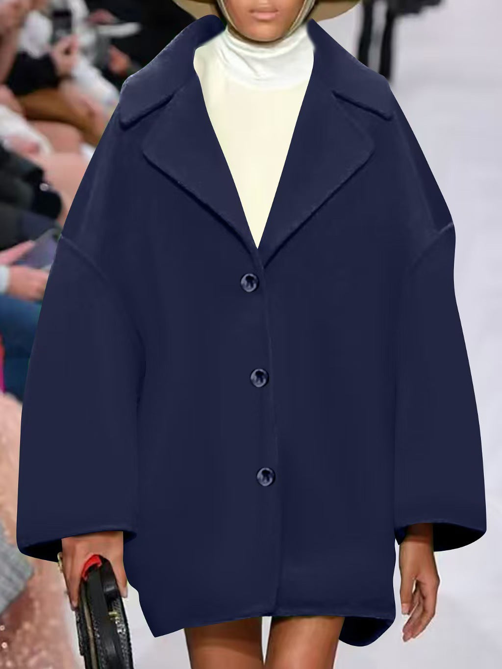Women's Oversized Short Coat with Wide Lapels and Button Closure Mune Fashion