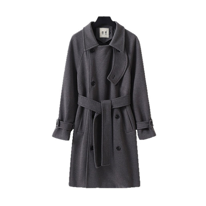 Men's Dramatically Cut Double Breasted Wool Blend Long Coat with Collar Tabs and Tie Belt Mune Fashion