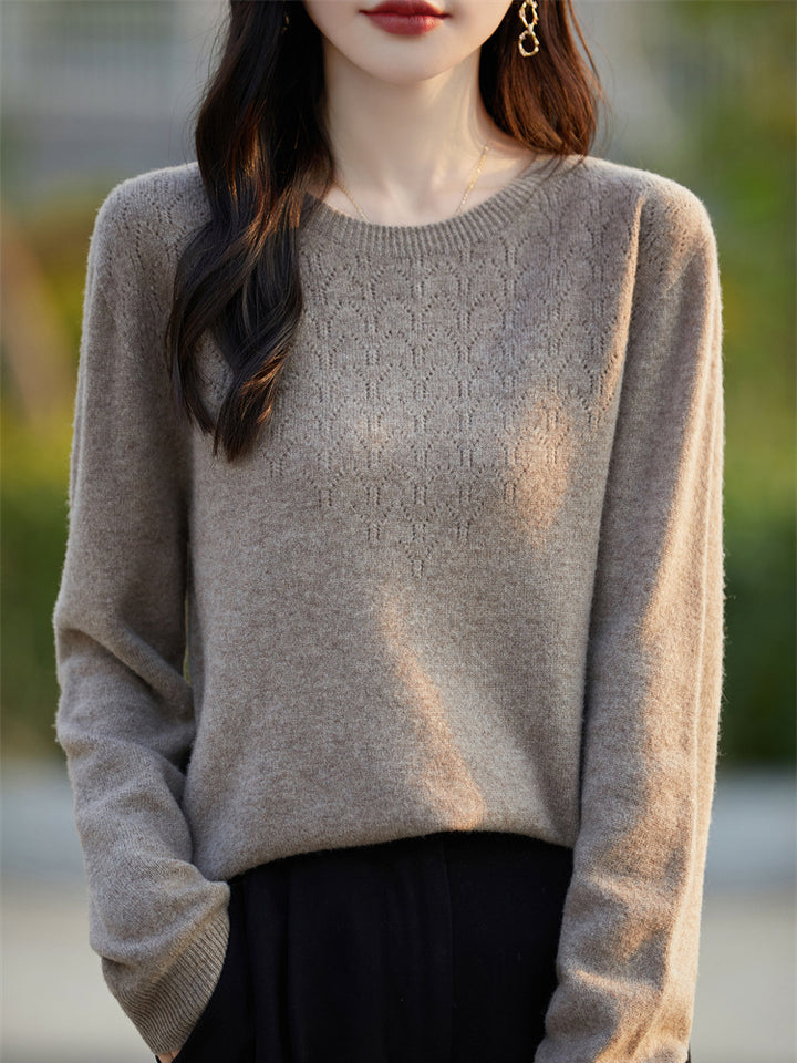 Women's Soft Round Neck Sweater in Cashmere Look with Fine Openwork Pattern and Snug Fit Mune Fashion