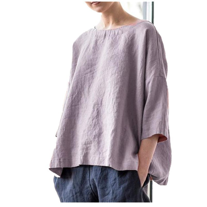 Women's oversized linen blouse with wide boxy cut, boat neckline and 3/4 sleeves Mune Fashion
