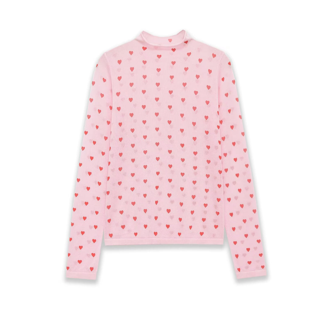 Women Long Sleeve Fine Knit Shirt with Stand-up Collar and Allover Heart Jacquard Mune Fashion