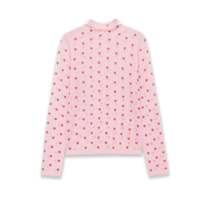 Women Long Sleeve Fine Knit Shirt with Stand-up Collar and Allover Heart Jacquard Mune Fashion