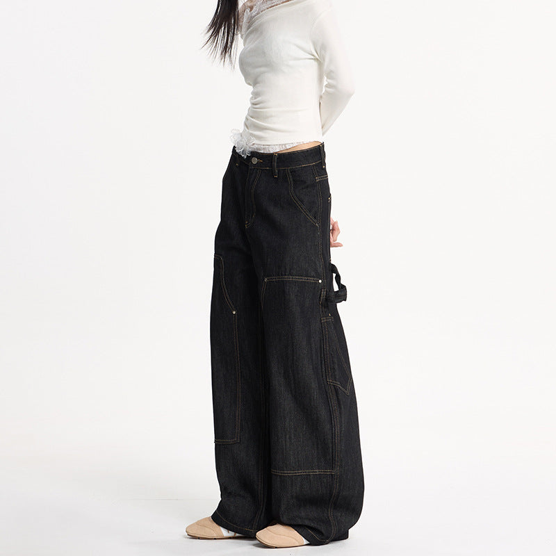 Women's Extra Wide Denim Palazzo Pants in Cargo Style with Low Crotch, Contrast Stitching and Utility Details Mune Fashion