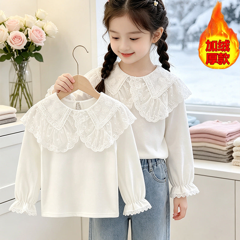 Girl's blouse with elegant lace collar and ruffle details Mune Fashion