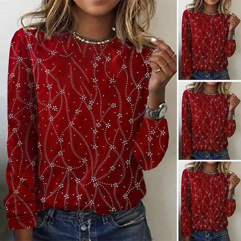 Women’s loose round neck sweatshirt with rhinestone embellishment and floral polka dot pattern Mune Fashion