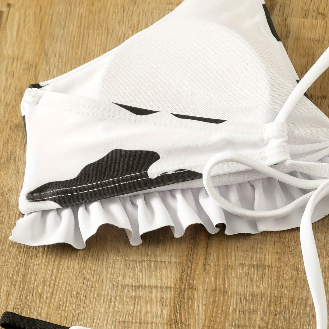 Women Triangle Bikini with fringe detail and playful cow pattern Mune Fashion