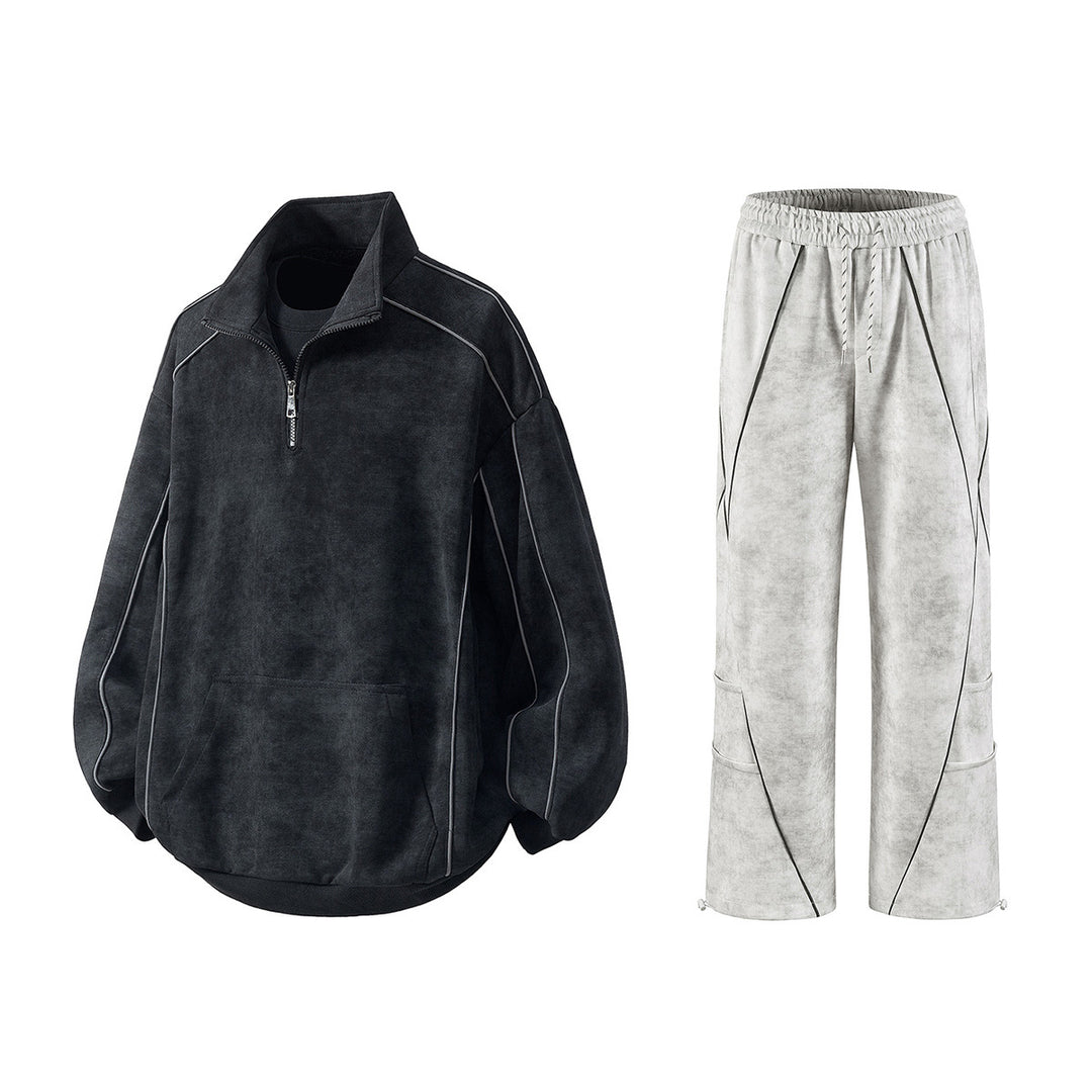 Men's Oversize Half-Zip Sweatshirt with Kangaroo Pocket, Contrast Piping and Balloon Sleeves Mune Fashion