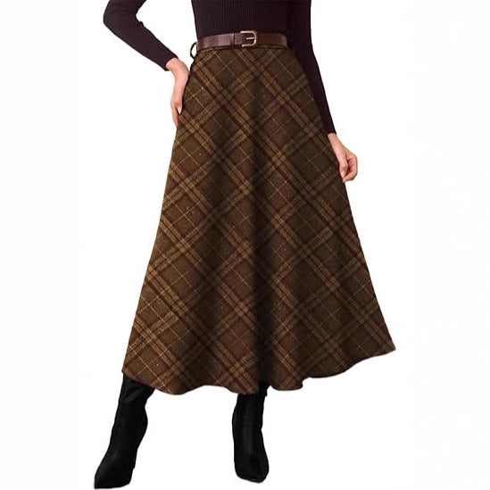Women's Checked Midi Skirt in A-Line with High Waist and Side Pockets Drune
