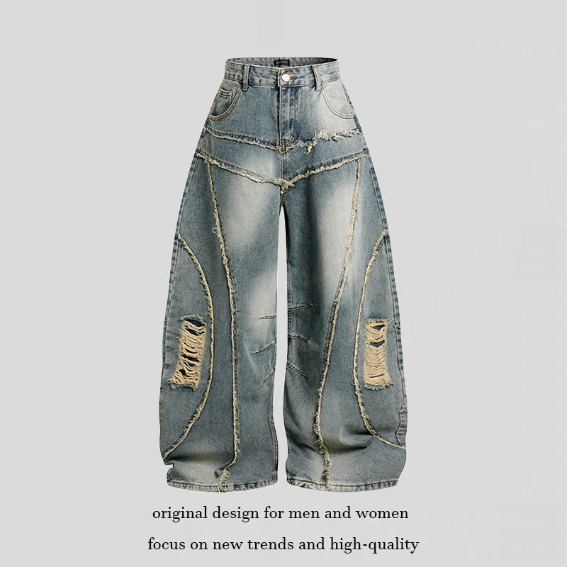 Women's High-Waisted Wide-Cut Destroy Jeans with Fringe Seam Details Mune Fashion