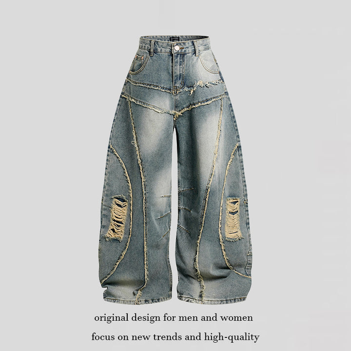 Women's High-Waisted Wide-Cut Destroy Jeans with Fringe Seam Details Mune Fashion