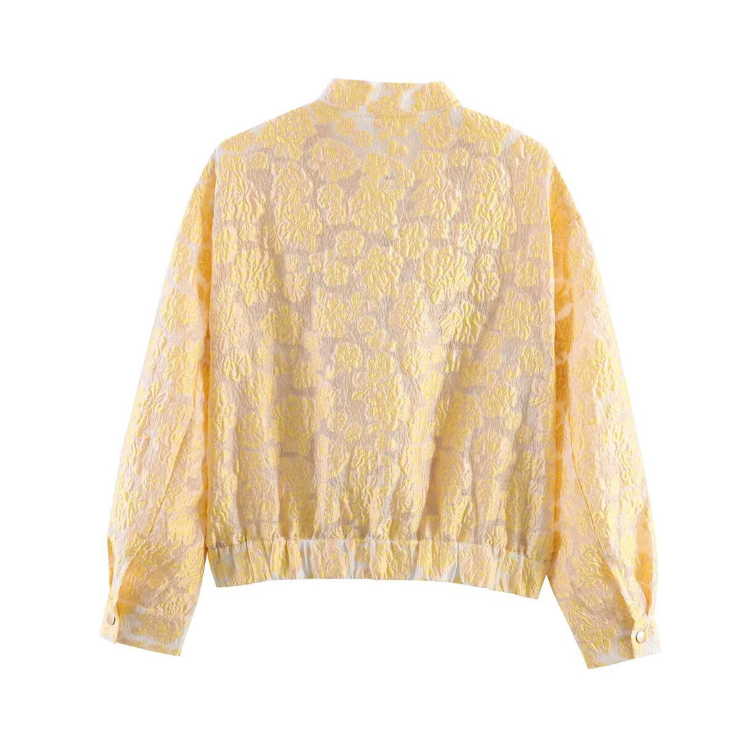 Women's Embossed Bomber Jacket with Floral Jacquard, Zipper and Patch Pockets Mune Fashion