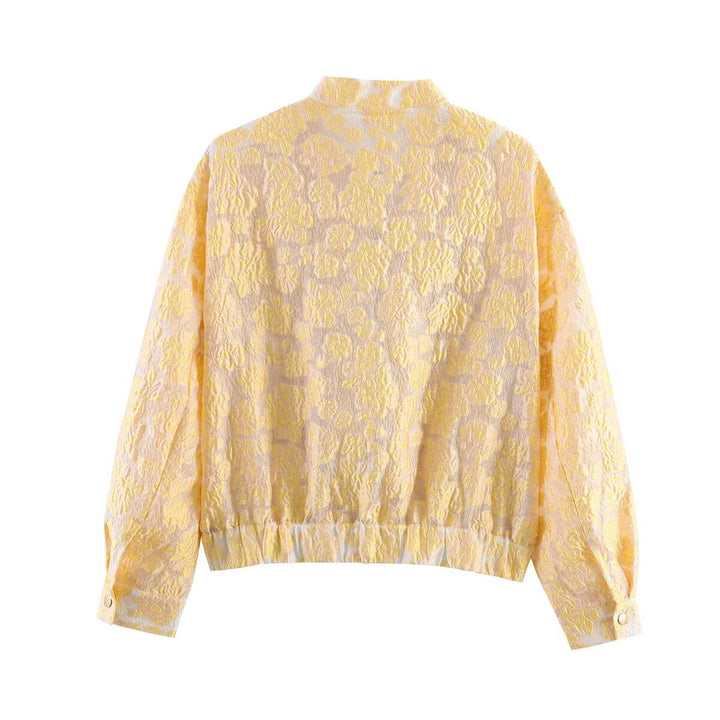Women's Embossed Bomber Jacket with Floral Jacquard, Zipper and Patch Pockets Mune Fashion
