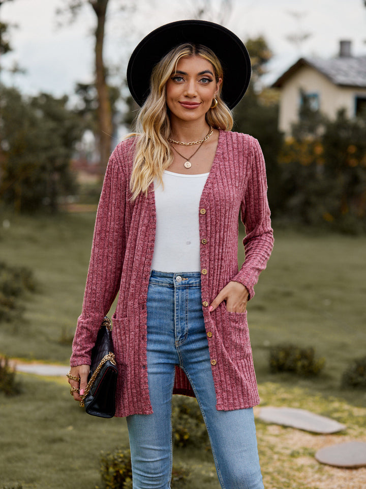 Women Long Cut Ribbed Knit Cardigan with Button Placket and Pocket Mune Fashion