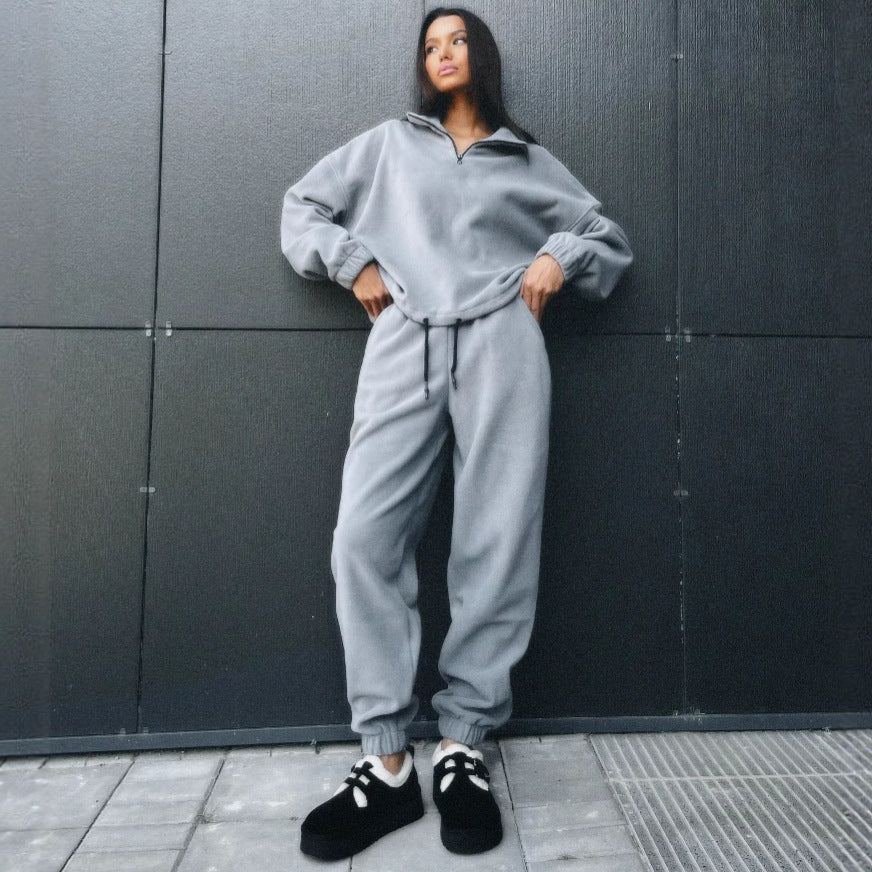 Women's Ultra-Soft Fleece Relax Set with Stand-Up Collar, Half Zipper and Elastic Slip Pants Mune Fashion