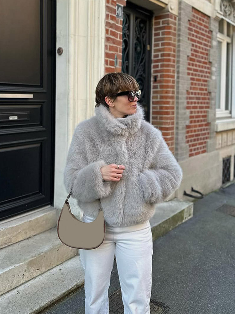 Women Short Boxy Jacket made of high-pile faux fur with high shawl collar Mune Fashion