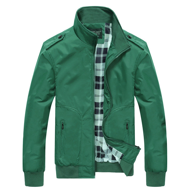 Men's transitional bomber-style jacket with stand-up collar, checkered lining, and zippered pockets Mune Fashion