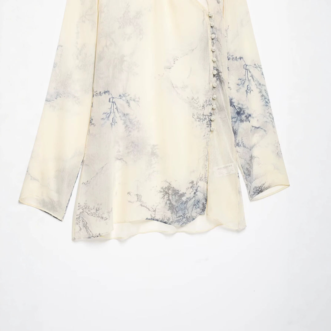 Women Silk Look Chiffon Blouse with Stand-up Collar and Asymmetrical Knot Button Placket Mune Fashion