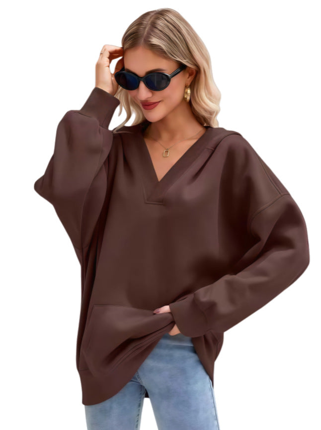 Women's Oversized V-Neck Hoodie with Hood, Kangaroo Pocket and Extended Hem Mune Fashion