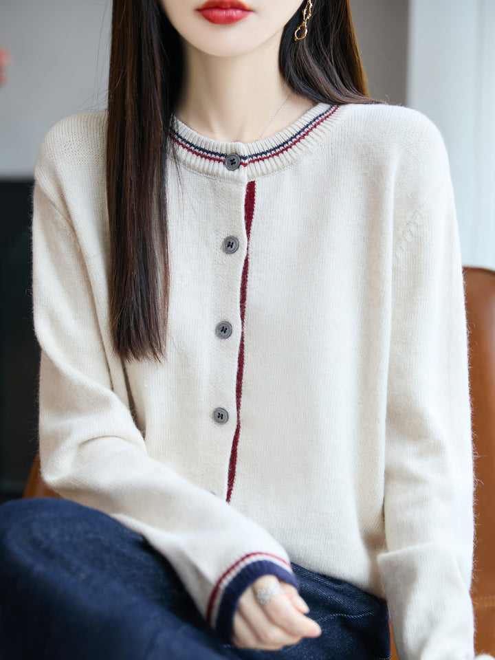 Women's Loose Fine Knit Cardigan with Contrast Stripes on Collar and Cuffs Mune Fashion