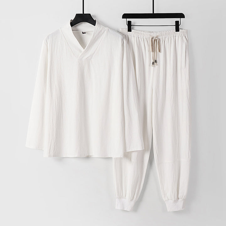 Men's Lightweight Kimono Loungewear Set Made of Cotton Blend with V-Neck and Elastic Cuff Pants Mune Fashion