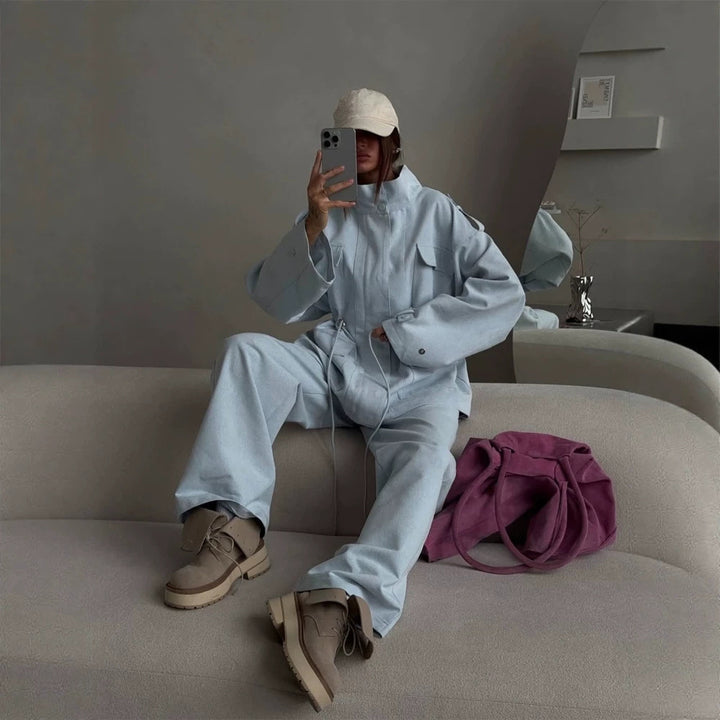 Women's Oversized Utility Jacket with Drawstring Waist, High Stand Collar, and Flap Pockets